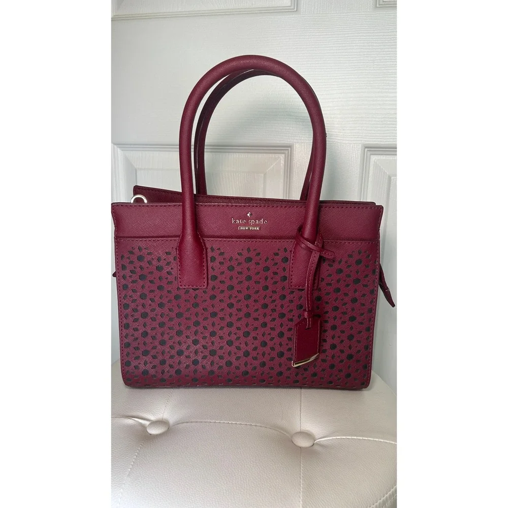 Kate‎ Spade Satchel Laser Cut Perforated Burgundy Saffiano Leather Tote Bag Red